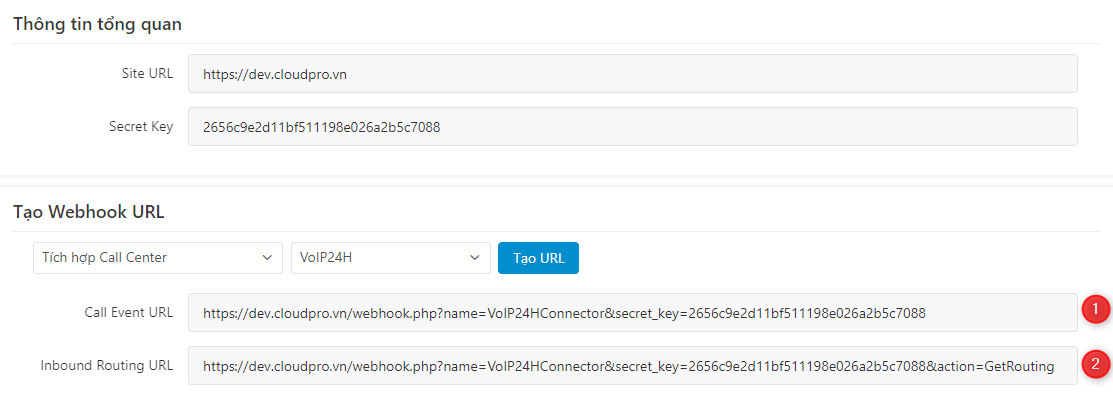 Copy Call Event URL và Inbound Routing URL gửi cho tổng đài VOIP24H