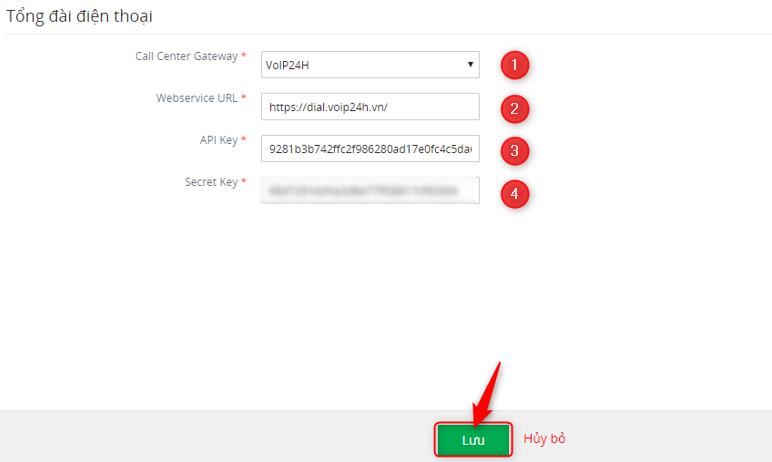 Nhập thông số tích hợp VOIP24H và click Lưu