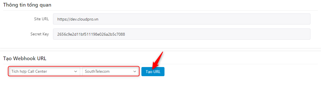 Chọn Tích hợp Call Center — tổng đài South Telecom — Tạo URL