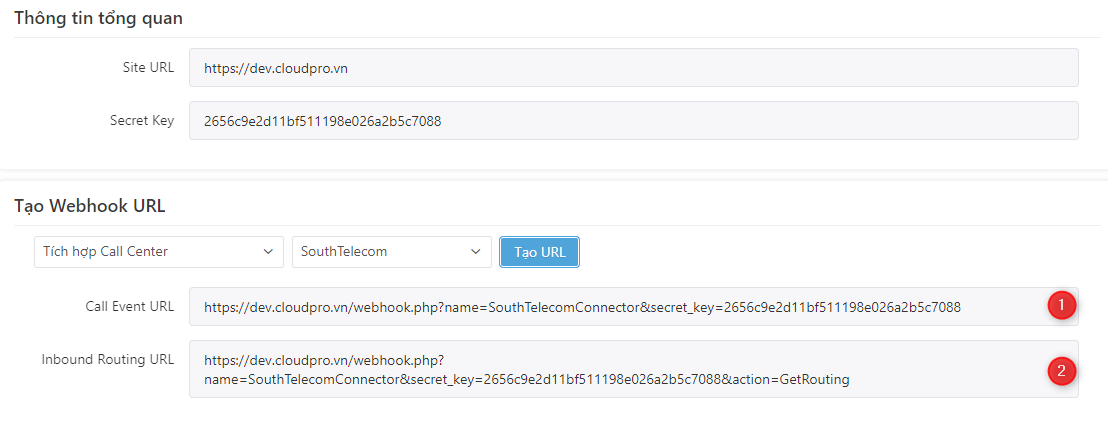 Copy Call Event URL và Inbound Routing URL gửi cho tổng đài South Telecom