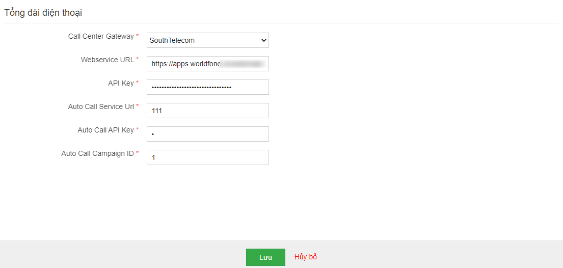 Nhập thông số tích hợp South Telecom và click Lưu