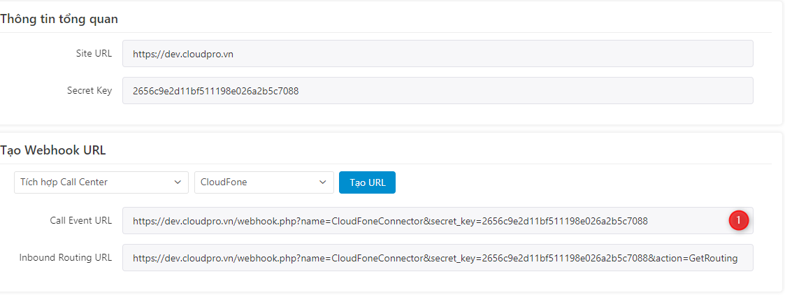 Copy Call Event URL gửi cho tổng đài CloudFone