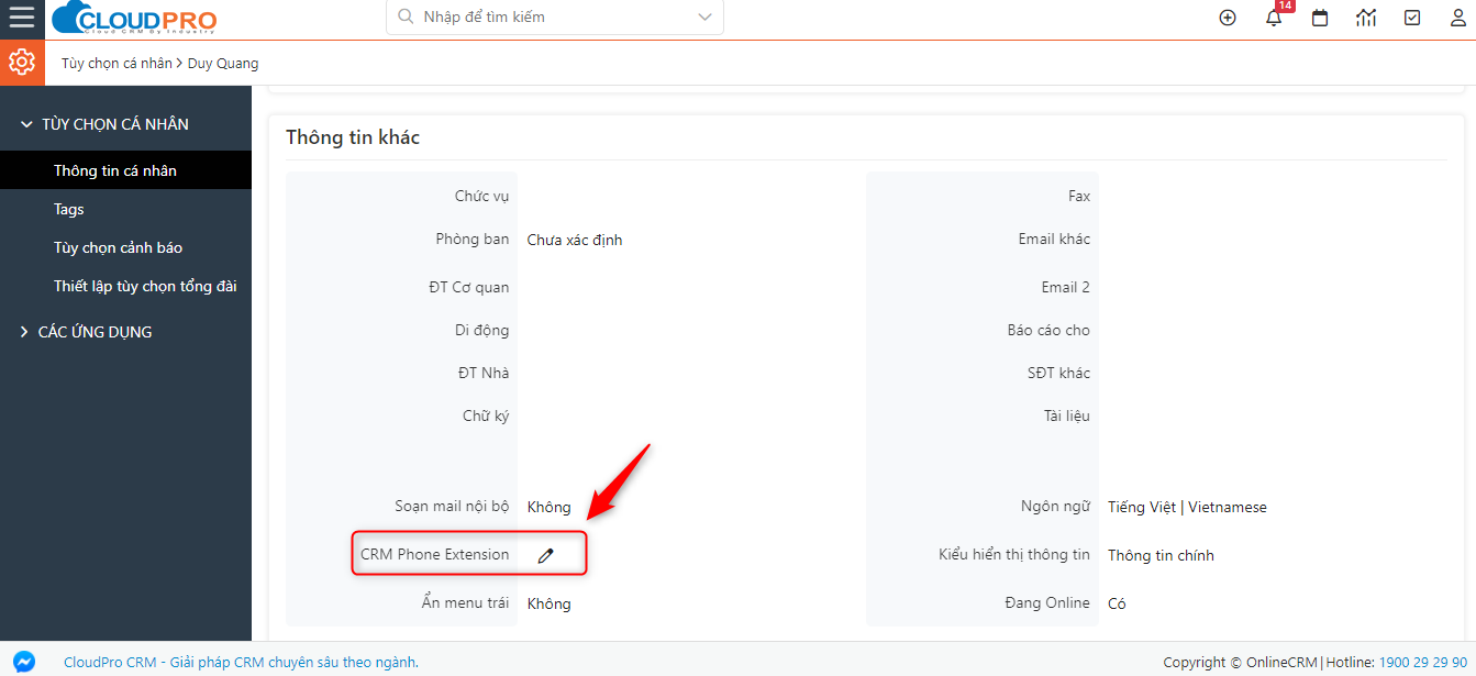Trường CRM Phone Extension — click icon chỉnh sửa
