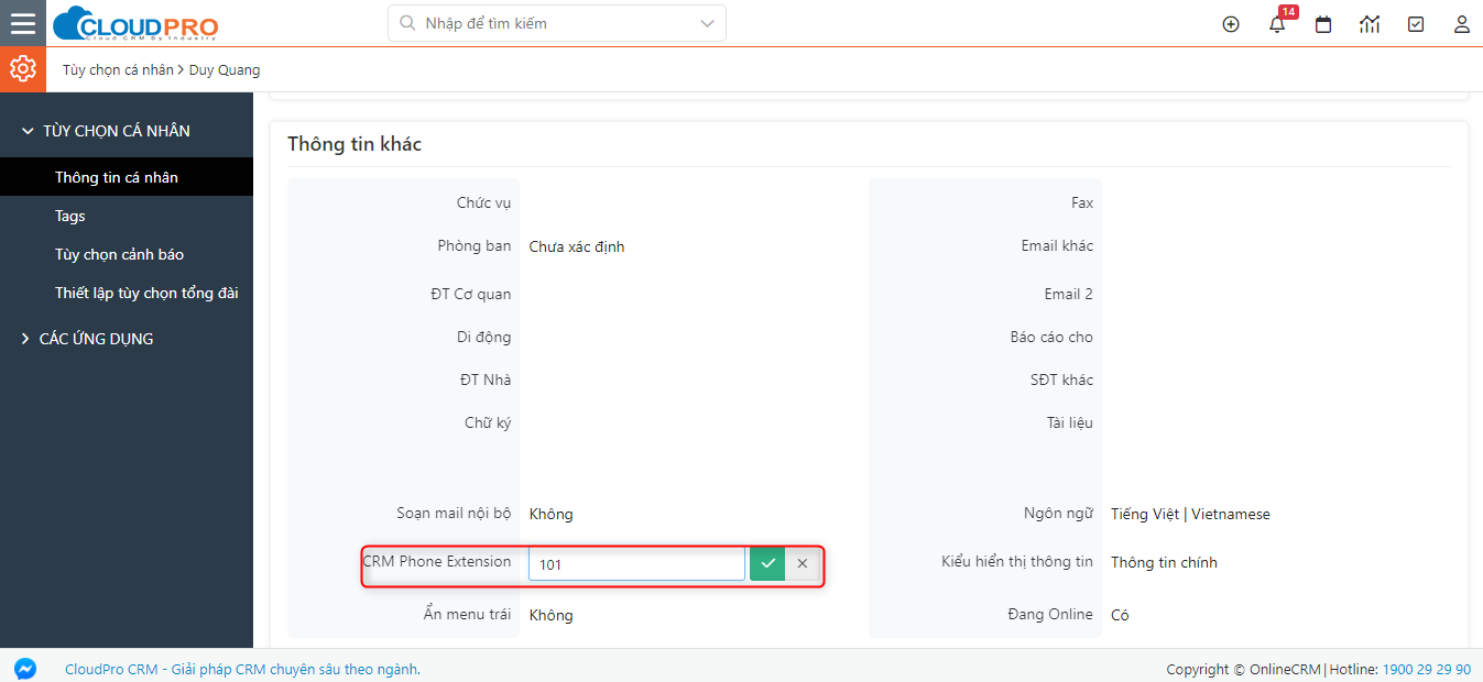 Nhập số nội bộ vào trường CRM Phone Extension và lưu