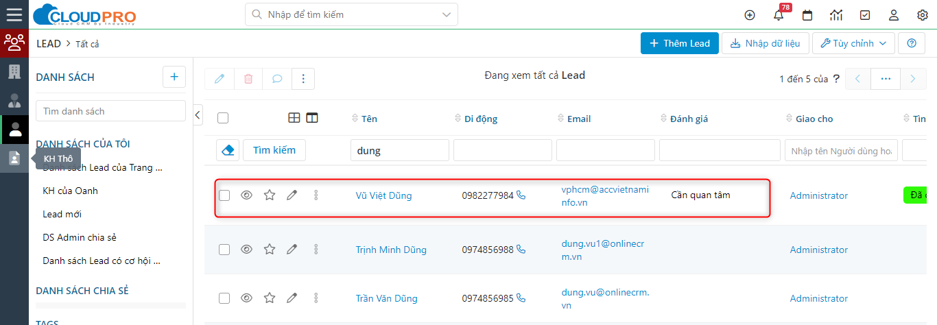 Tìm kiếm Lead cần gọi tại màn hình danh sách