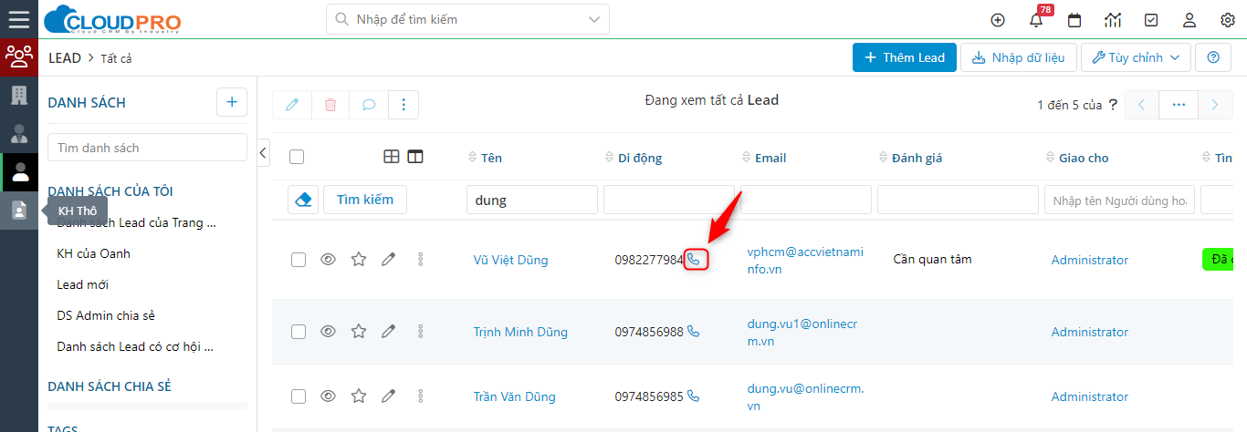 Click nút gọi cạnh số điện thoại Lead