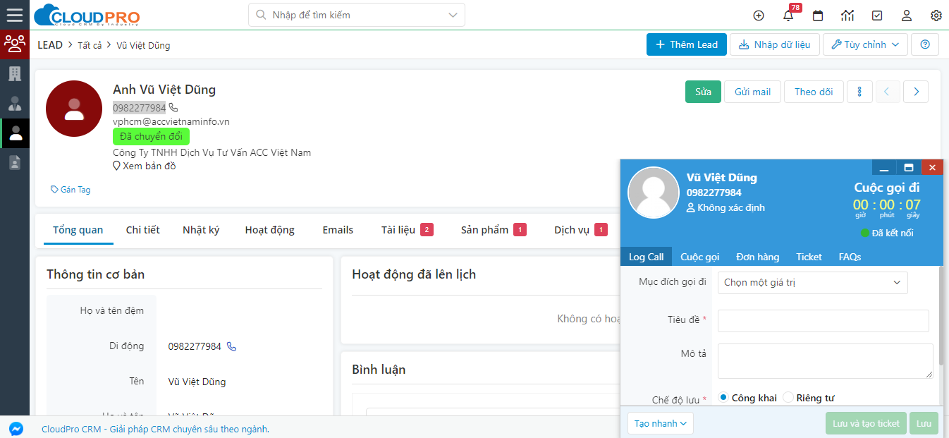Màn hình ghi nhận thông tin cuộc gọi với Lead