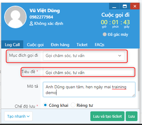 Trường Mục đích tự động điền vào Tiêu đề cuộc gọi