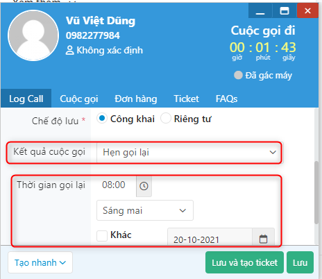 Hệ thống tự động lên lịch cuộc gọi tiếp theo khi chọn Hẹn gọi lại
