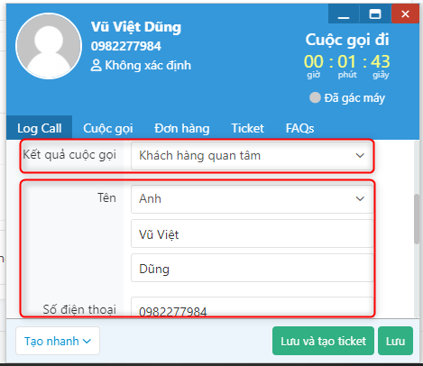 Cập nhật thông tin khách hàng khi chọn kết quả Khách hàng quan tâm