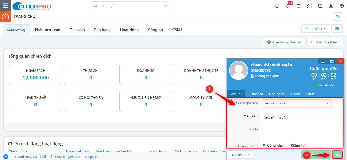 Nhập thông tin cuộc gọi và click Lưu