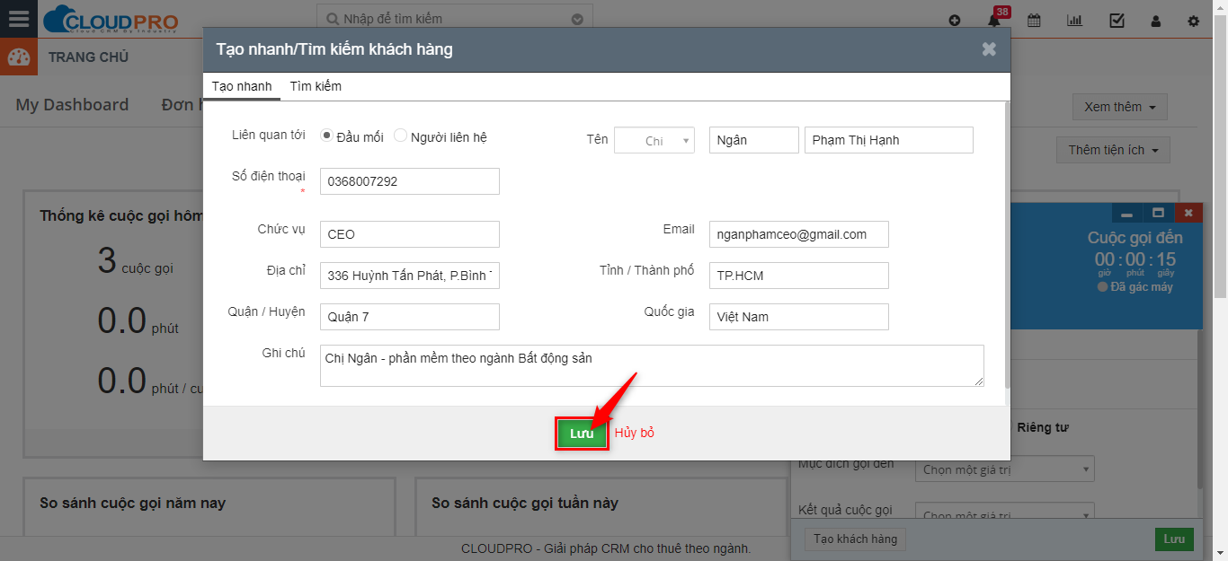 Form điền thông tin khách hàng mới và lưu lại