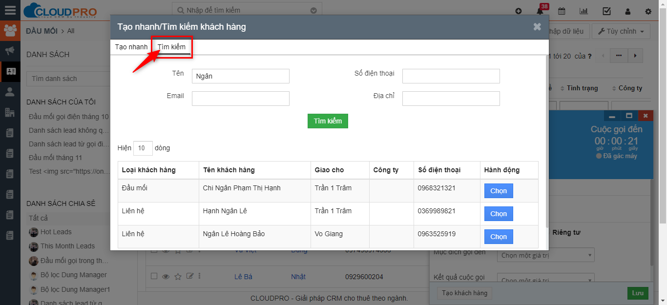 Tra cứu khách hàng cũ ở tab Tìm kiếm