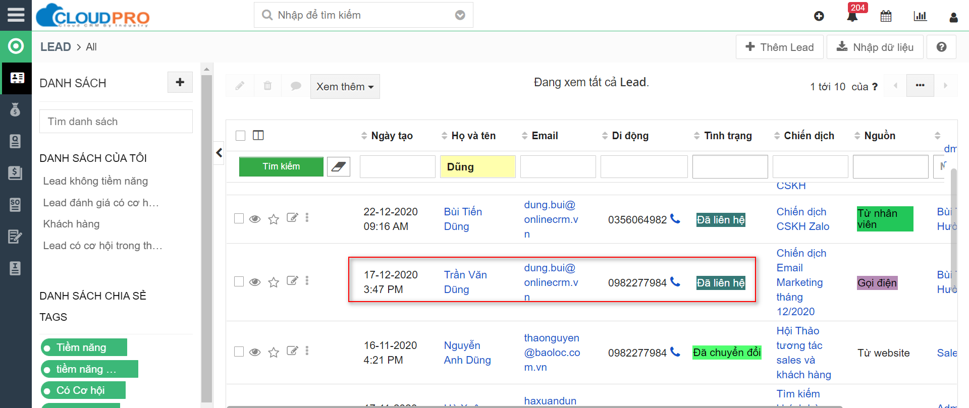 Tìm kiếm và chọn Lead muốn nghe lại cuộc gọi