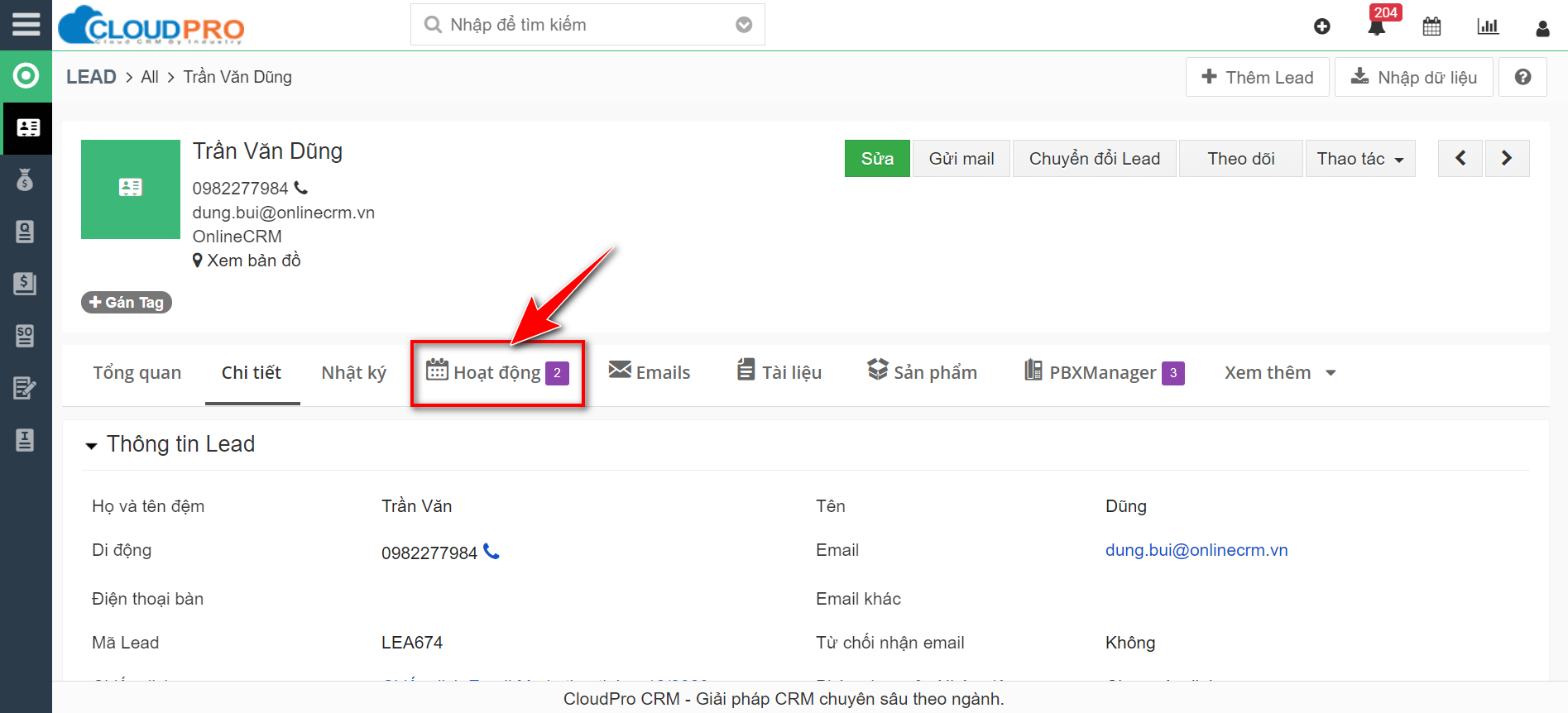 Click tab Hoạt động tại màn hình chi tiết khách hàng