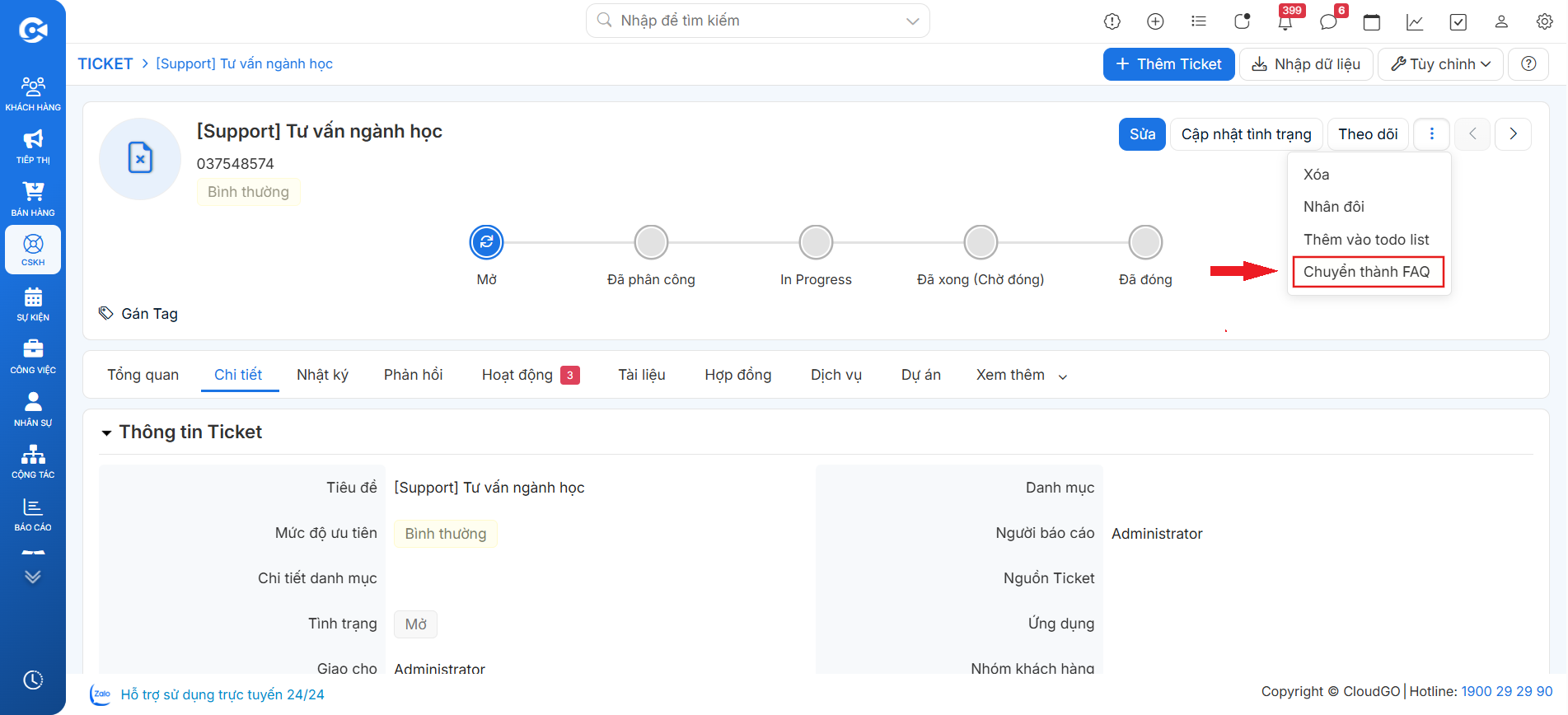 Menu thao tác trên chi tiết ticket — với tùy chọn