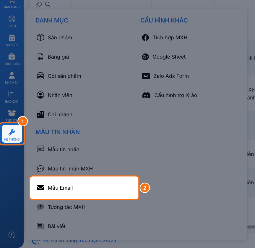 Menu Hệ thống đang mở, khoanh vùng biểu tượng Hệ thống và mục Mẫu Email trong nhóm Mẫu tin nhắn
