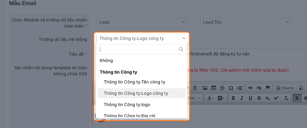 Ô Trường dữ liệu hệ thống đang mở danh sách: Tên công ty, Logo công ty, Địa chỉ, Tỉnh/TP, Quận/Huyện
