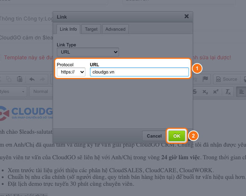 Hộp thoại Link, ô Protocol là https://, ô URL là cloudgo.vn, khoanh vùng nút OK