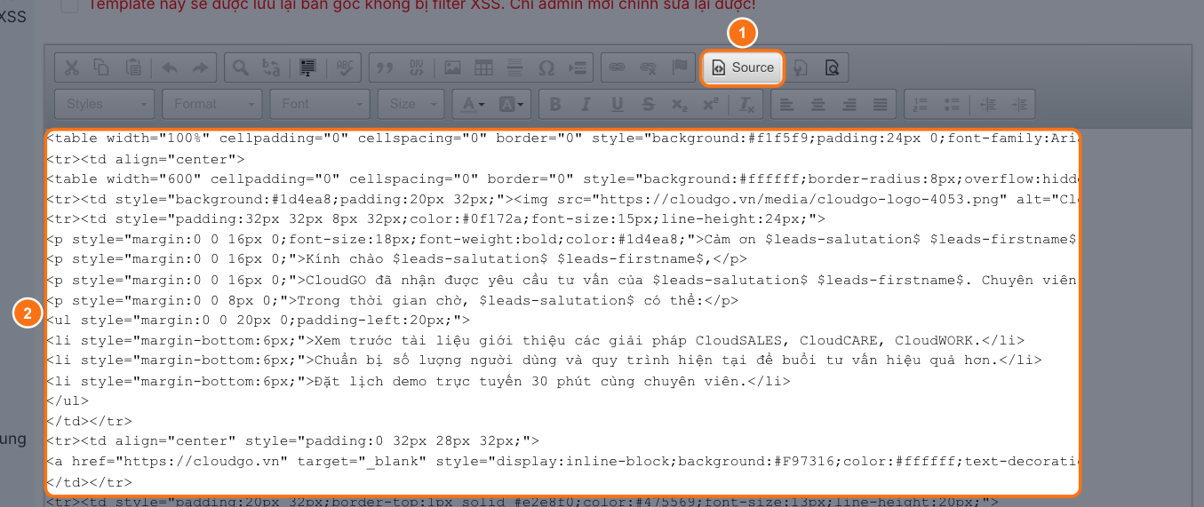Chế độ Source, vùng soạn thảo hiển thị mã HTML của email cảm ơn, khoanh vùng nút Source và vùng mã HTML