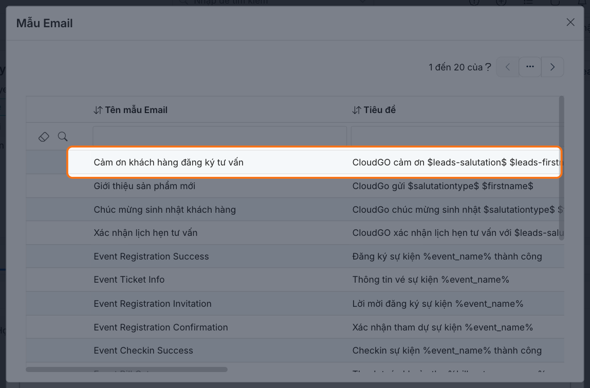 Hộp thoại Mẫu Email liệt kê các mẫu có sẵn, khoanh vùng dòng Cảm ơn khách hàng đăng ký tư vấn