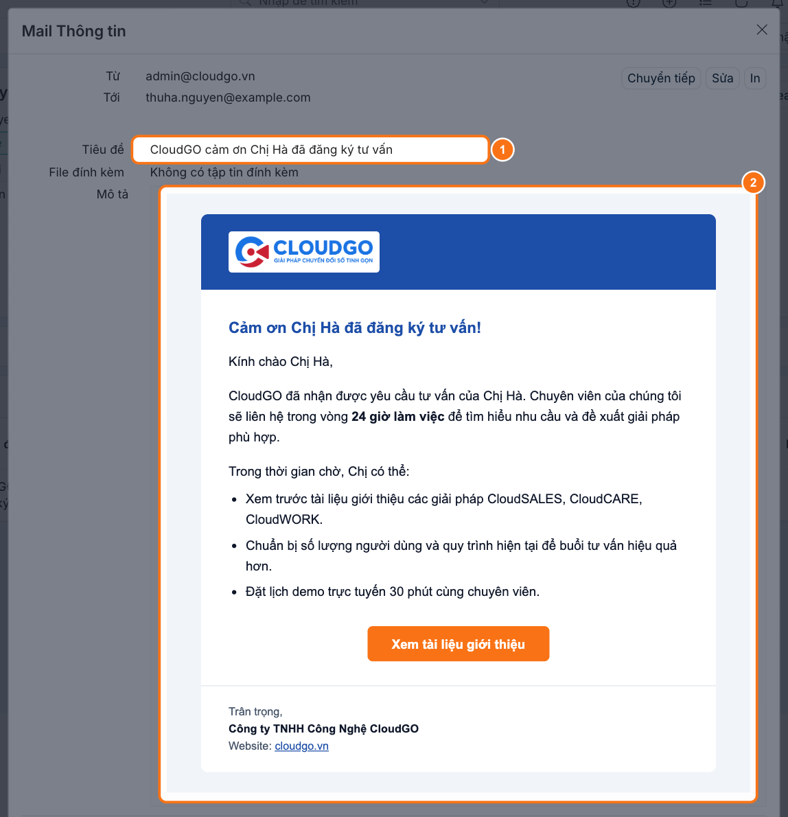 Chi tiết email đã gửi, tiêu đề "CloudGO cảm ơn Chị Hà đã đăng ký tư vấn" và nội dung đã thay danh xưng, tên khách hàng, tên công ty