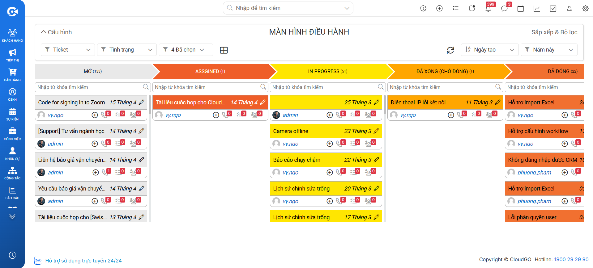 Toàn cảnh bảng Kanban — các cột trạng thái với thẻ ticket