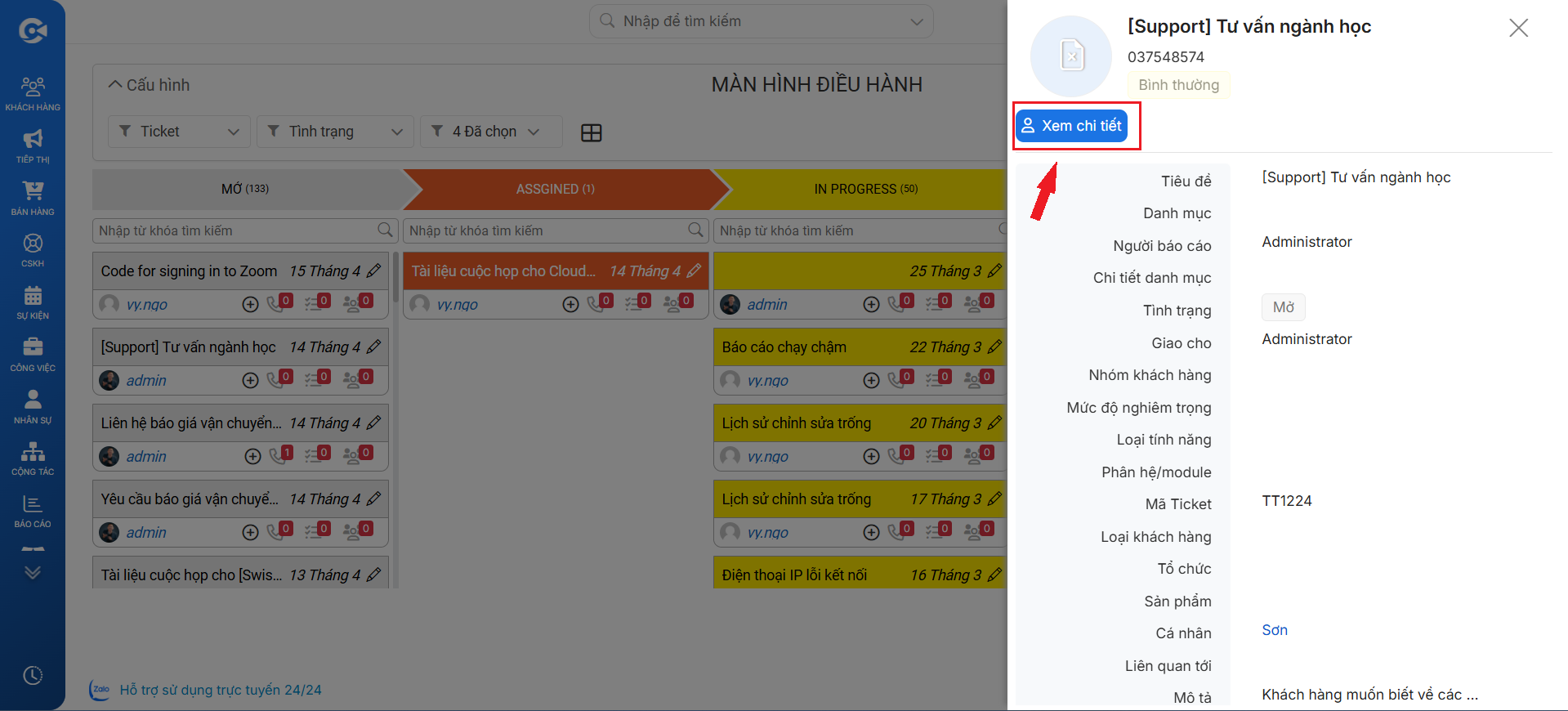 Popup thông tin tóm tắt khi nhấp vào thẻ Kanban