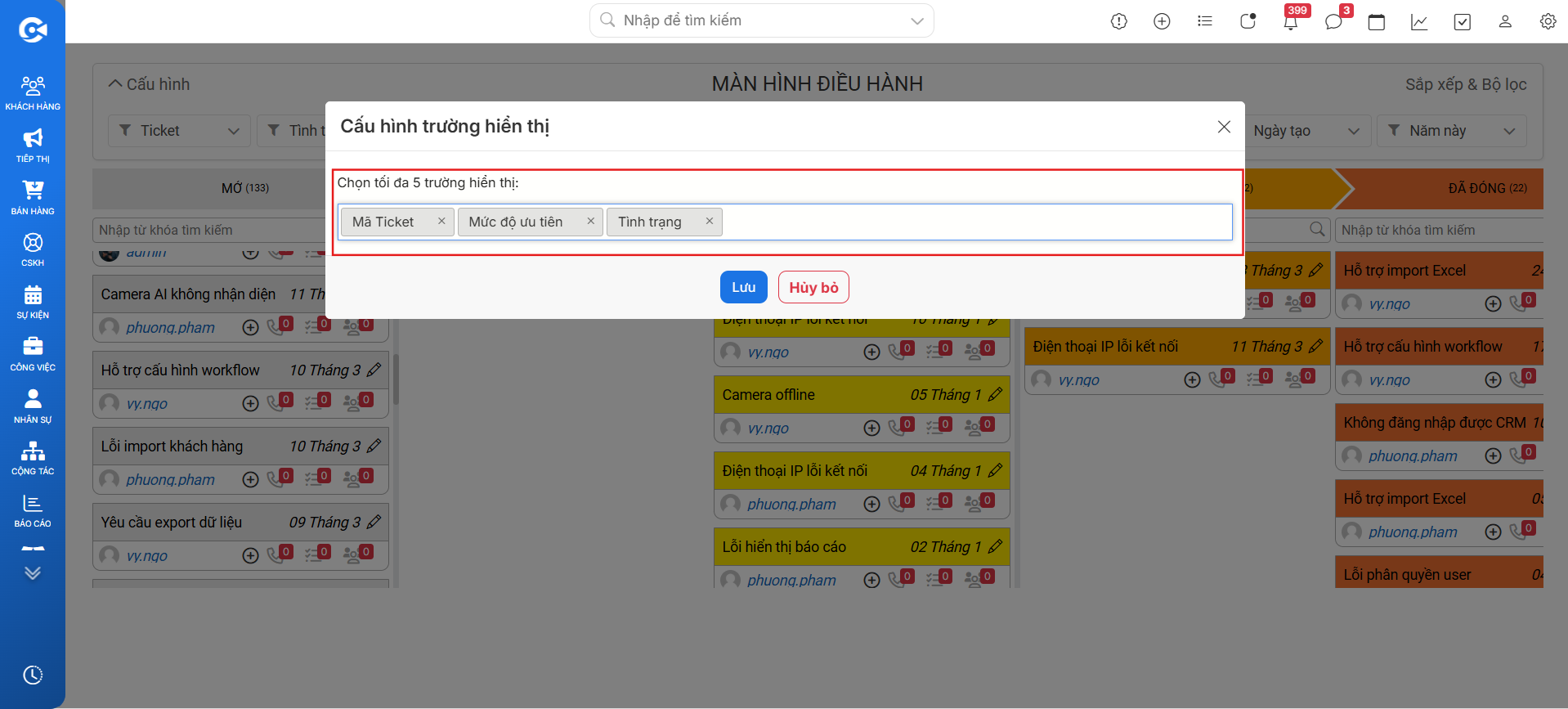 Form cấu hình trường hiển thị cho thẻ Kanban