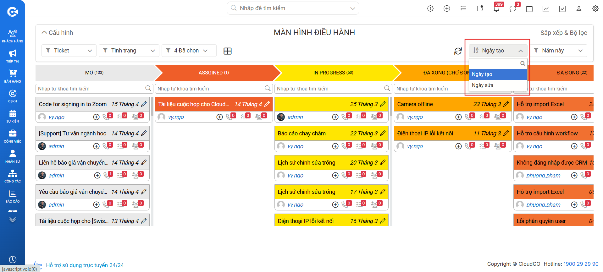 Sắp xếp ticket trên Kanban theo ngày tạo hoặc cập nhật