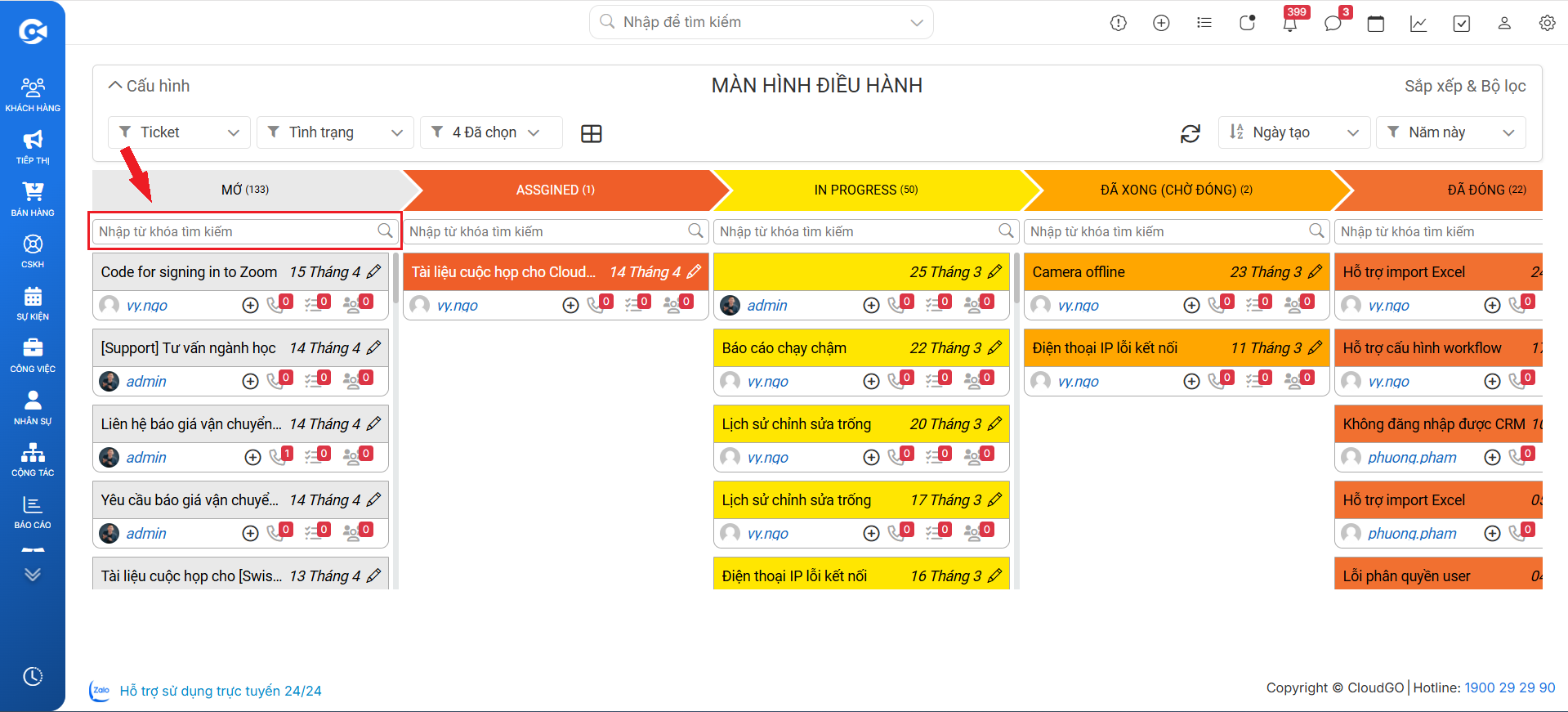 Tìm kiếm ticket trên Kanban bằng từ khóa