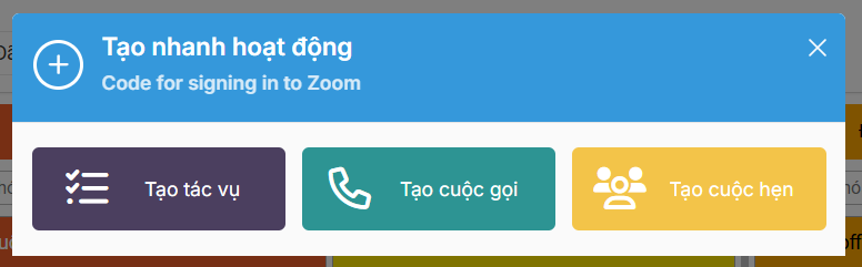 Form tạo hoạt động — chọn loại cuộc gọi, cuộc họp hoặc công việc
