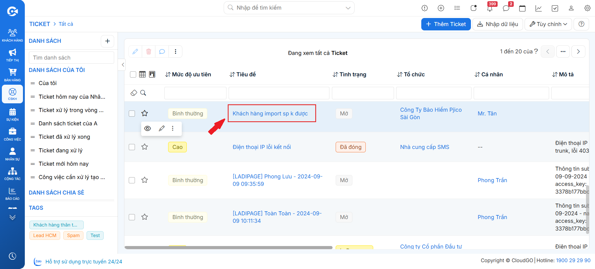 Danh sách ticket — chọn ticket cần cập nhật trạng thái
