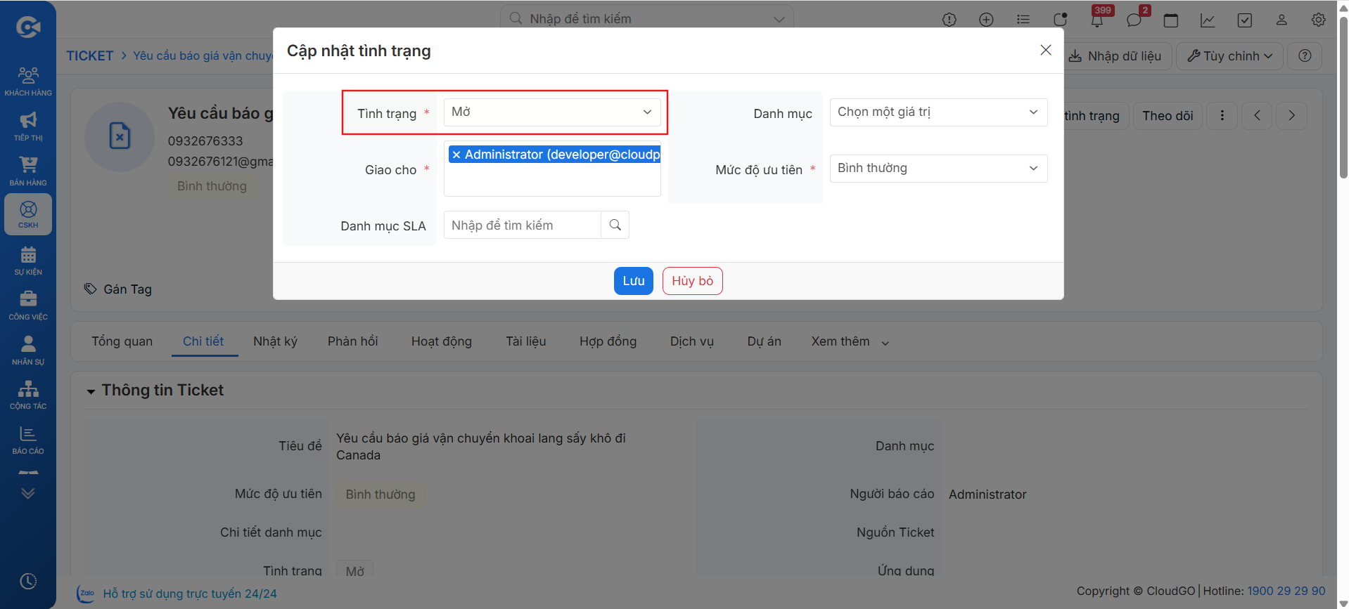 Dropdown chọn trạng thái (Mở → Đã phân công → In Progress → Đã xong → Đã đóng)