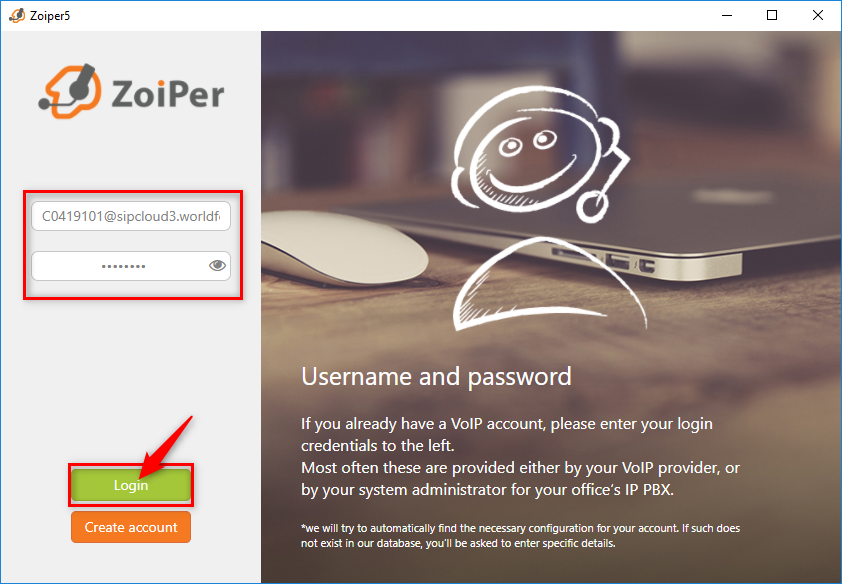 Màn hình đăng nhập Zoiper — chọn Login