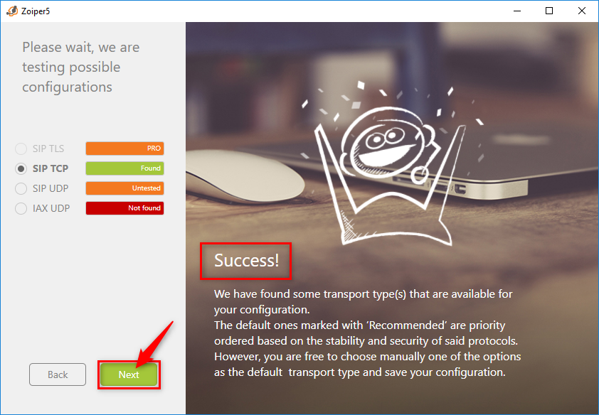 Thông báo Success — hoàn thành cấu hình Zoiper
