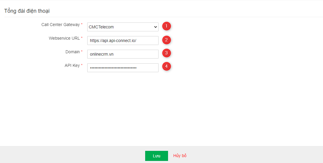 Nhập thông số tích hợp CMC Telecom và click Lưu