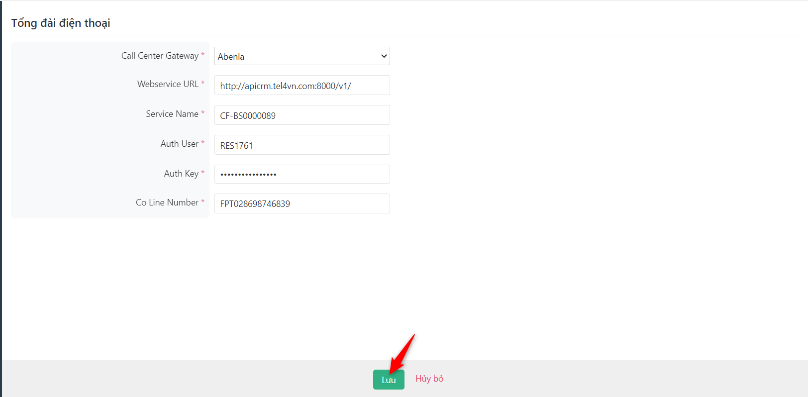 Nhập thông số tích hợp Abenla và click Lưu