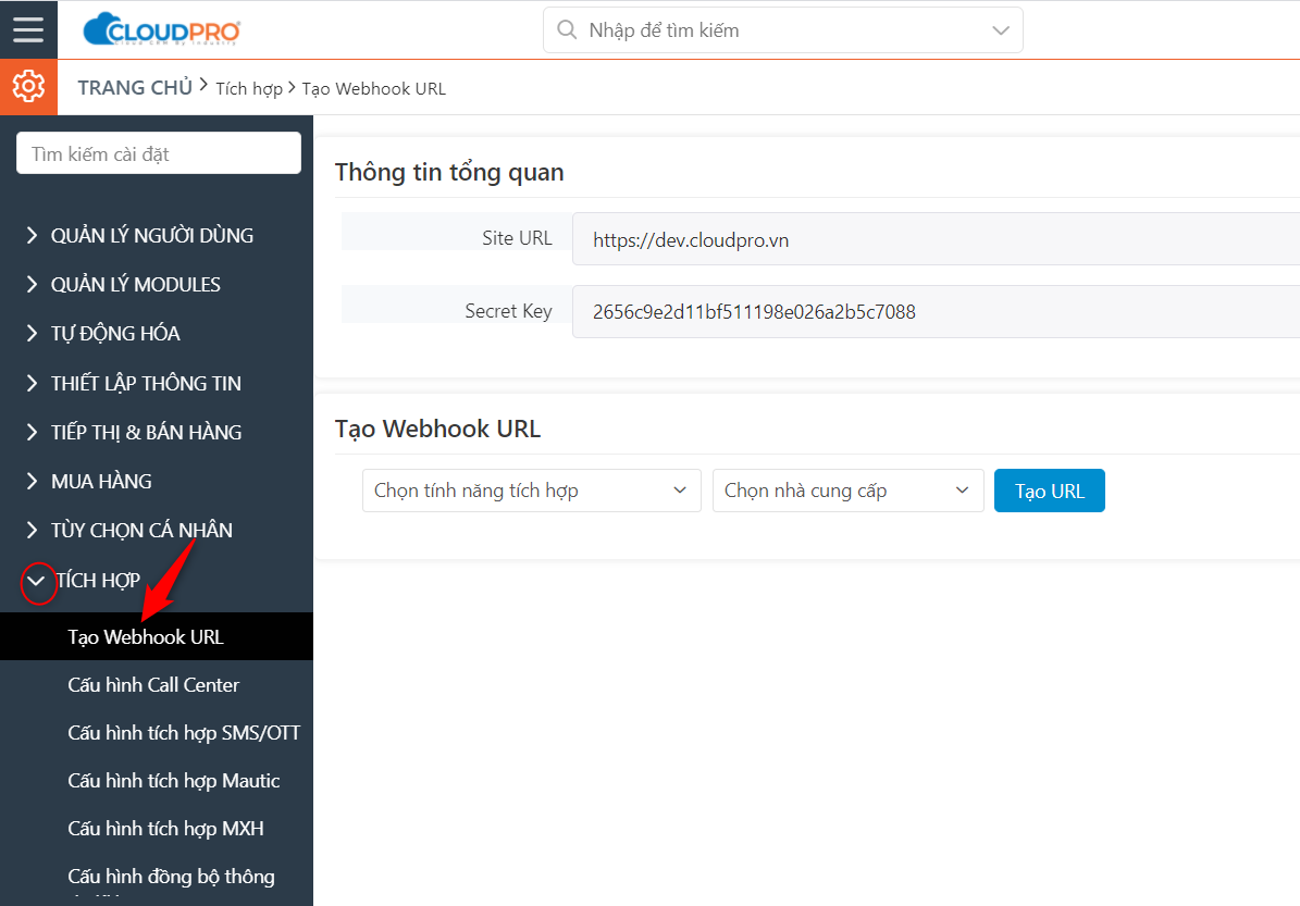 Menu Tích hợp — Tạo Webhook URL