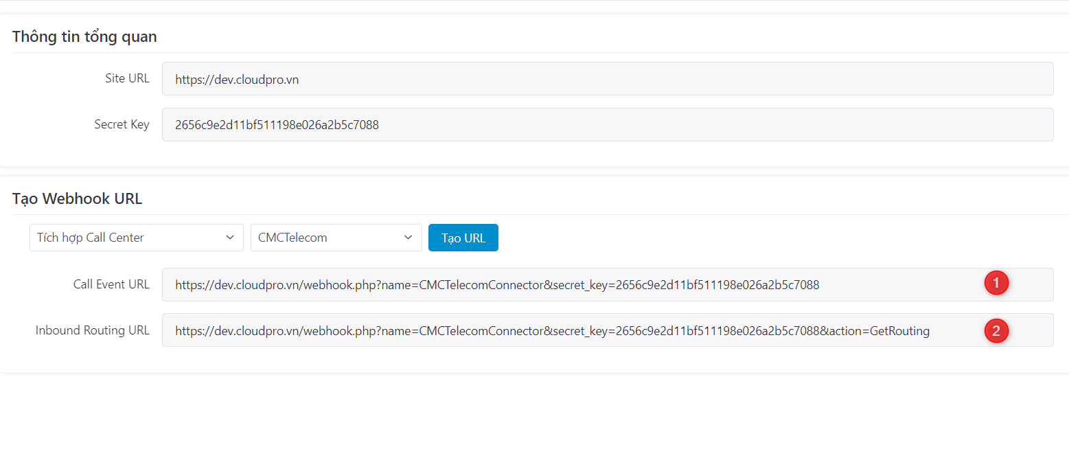Copy Call Event URL và Inbound Routing URL gửi cho tổng đài CMC Telecom