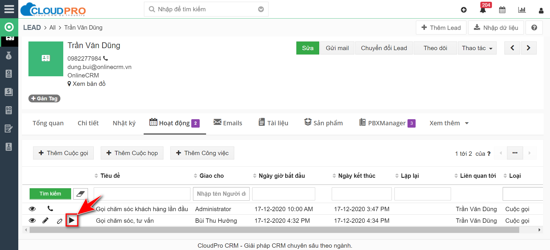 Click icon play tại cuộc gọi muốn nghe lại