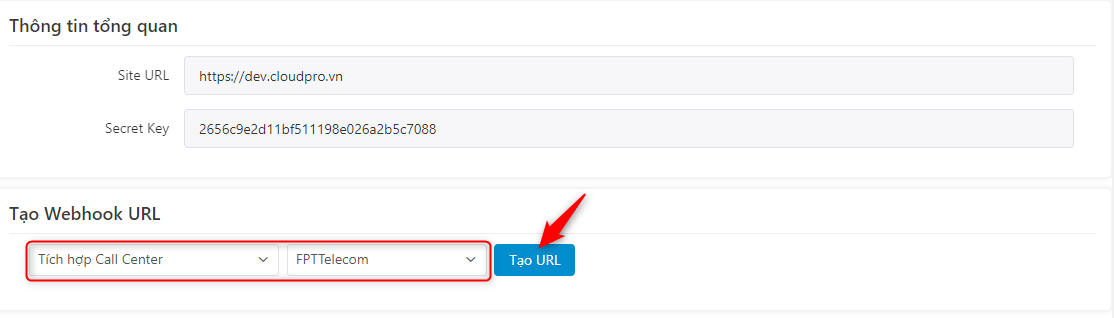 Chọn Tích hợp Call Center — tổng đài FPT Telecom — Tạo URL
