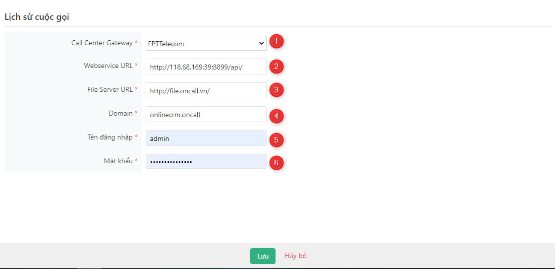 Nhập thông số tích hợp FPT Telecom và click Lưu