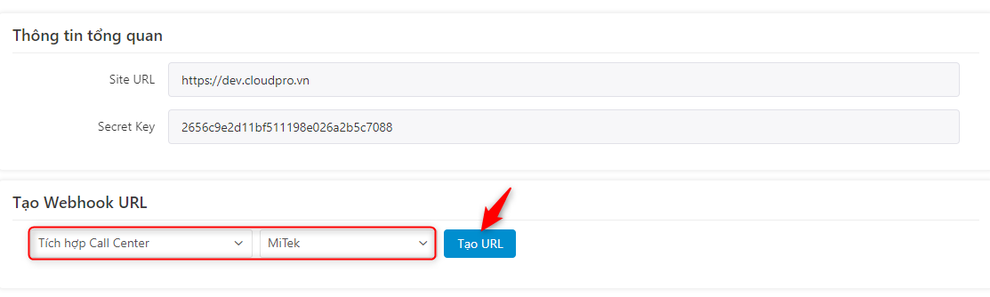 Chọn Tích hợp Call Center — tổng đài Mitek — Tạo URL