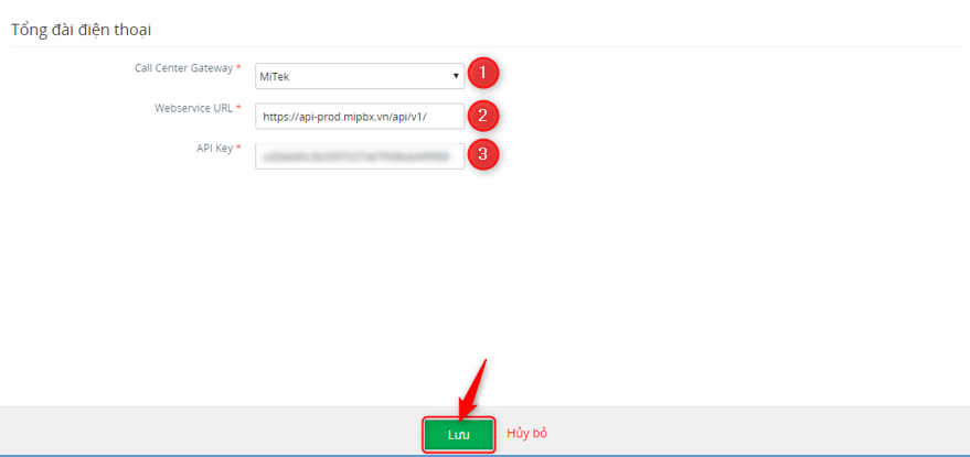 Nhập thông số tích hợp Mitek và click Lưu