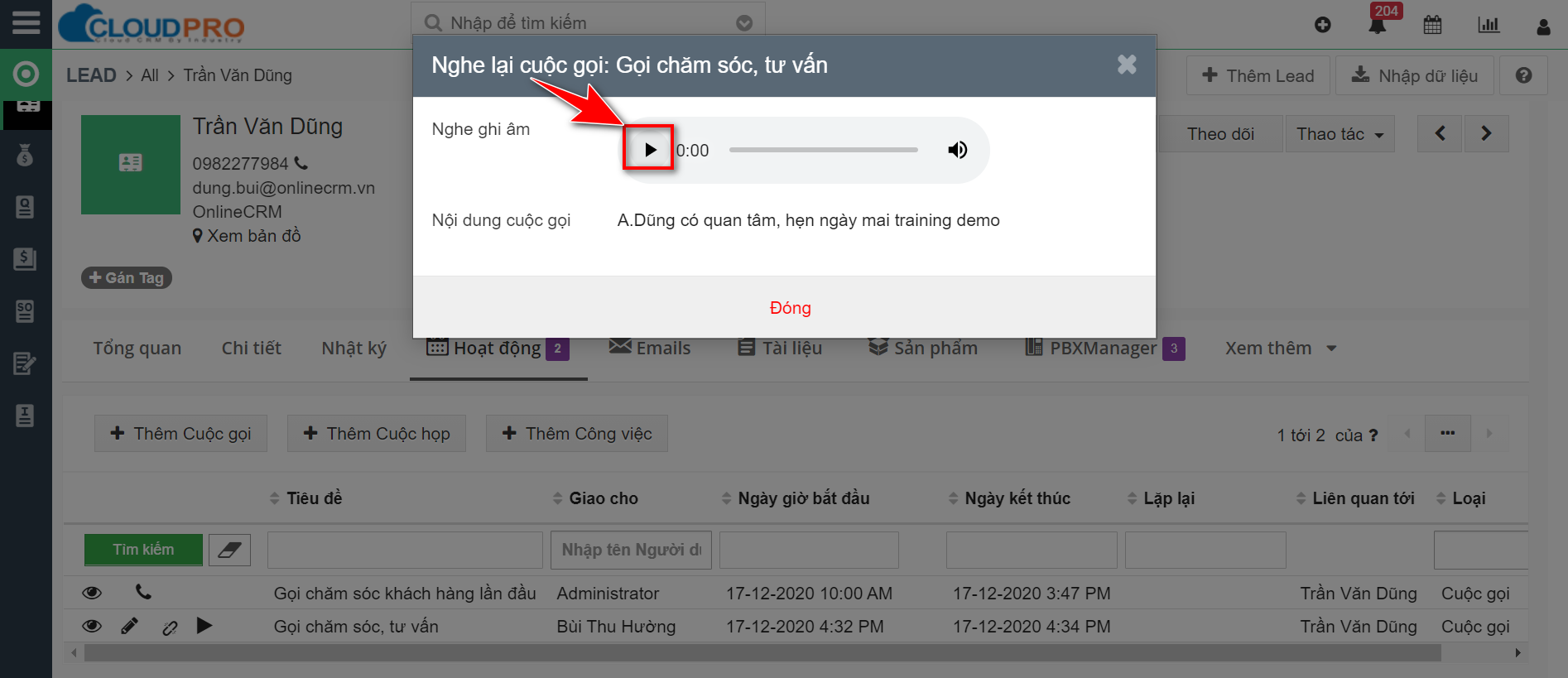 Màn hình nghe ghi âm cuộc gọi — click icon play