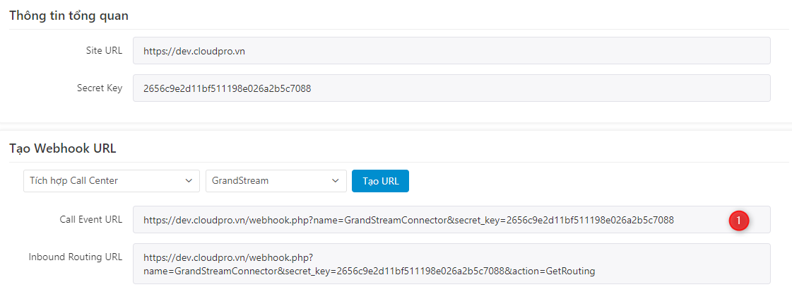 Copy Call Event URL gửi cho tổng đài GrandStream