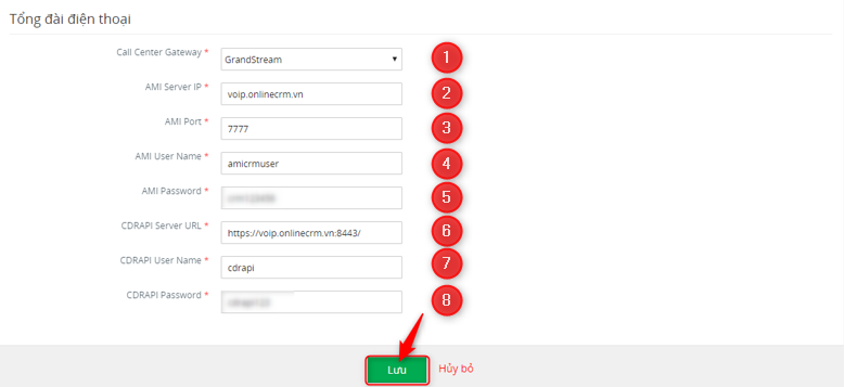 Nhập thông số tích hợp GrandStream và click Lưu