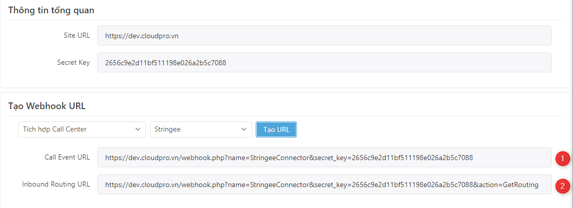 Copy Call Event URL và Inbound Routing URL gửi cho tổng đài Stringee