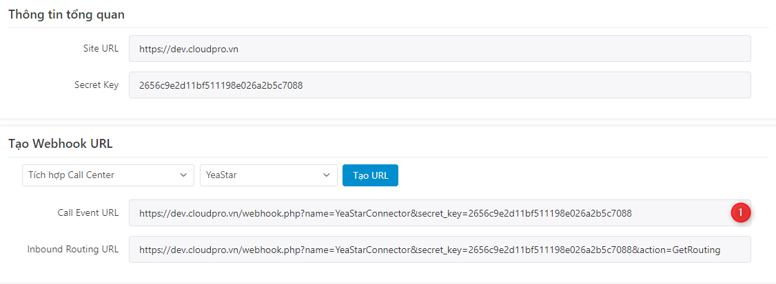 Copy Call Event URL gửi cho tổng đài Yeastar